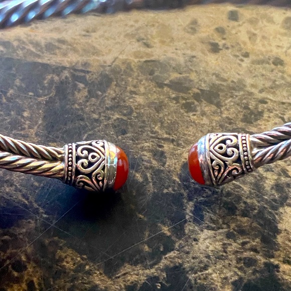 Samuel B. Sterling Silver 18K Gold with Coral Gemstones Hinged Cuff Bracelet - Picture 4 of 9